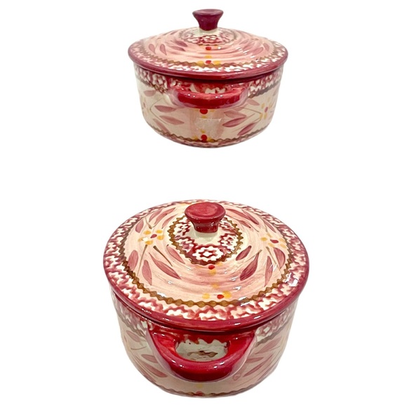 TEMPTATIONS Old World Cranberry Red 9 oz Ramekins & Serving Baskets Set of 2 EUC - Picture 7 of 14